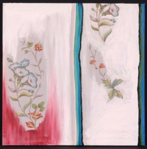 Pillow Case No. 1. Randell Neudorf (c) 2006 Acrylic Paint & Pillow Case Fabric stretched onto a Wood Frame 16x16in.