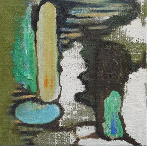 Organic Memory No. 3. Randell Neudorf (c) 2013 Acrylic Paint on Found Fabric stretch over Wood Panel 16x16in.