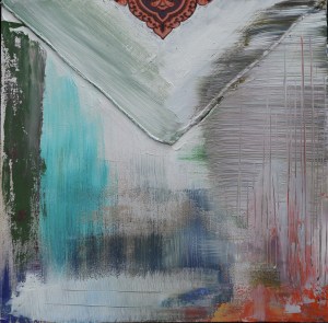 Kerchief No. 2. Randell Neudorf (c) 2013 Acrylic Paint and Fabric Collage on Wood Panel 12x12in.