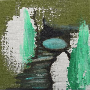 Organic Memory No. 1. Randell Neudorf (c) 2013 Acrylic Paint on Found Fabric stretch over Wood Panel 16x16in.